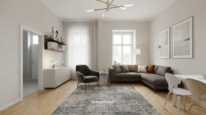 Helles Wohnzimmer mit modernem Sofa, Teppich und Holzboden, ideal für entspannte Stunden.