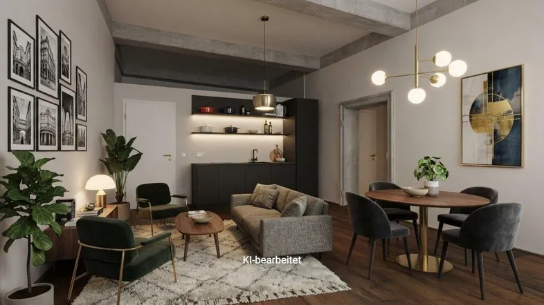 Moderne offene Wohnküche mit Essbereich, Holzboden und sichtbaren Deckenbalken in einem Loft-Stil.