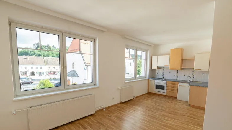 Helles Zimmer mit integrierter Küchenzeile, Parkettboden und Blick auf die Umgebung.