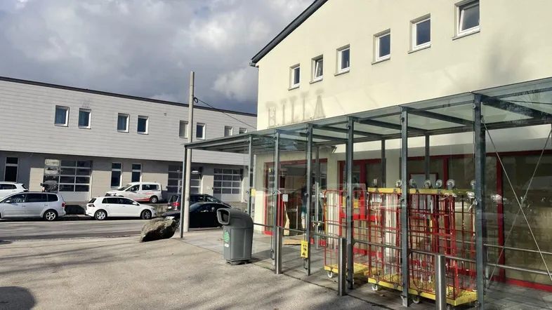 Eingangsbereich eines Supermarktes mit Einkaufswagen-Unterstand und angrenzendem Parkplatz.