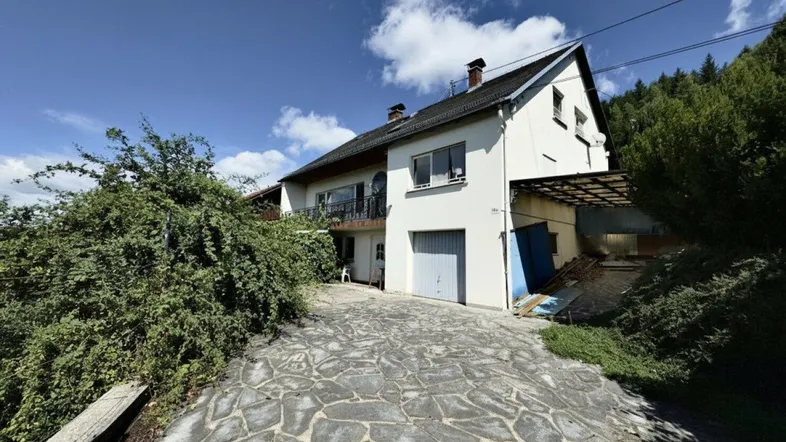 Seitenansicht des Hauses mit gepflasterter Auffahrt, Garage und Carport.
