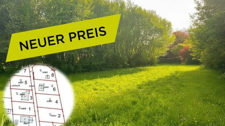 Grünes Grundstück mit Bäumen und einem Hinweis auf einen neuen Preis, inklusive Katasterplan-Overlay.