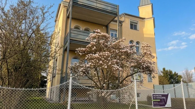 Historisches Gebäude mit gelber Fassade, mehreren Balkonen und einem blühenden Baum im Vordergrund.