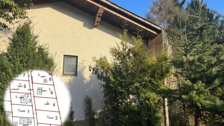 Seitenansicht eines Hauses mit heller Fassade, Holzdachüberstand und umgebender Bepflanzung, inklusive Katasterplan-Overlay.
