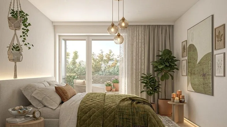 Helles Schlafzimmer mit modernem Design, Pflanzen und Zugang zu einem Balkon.