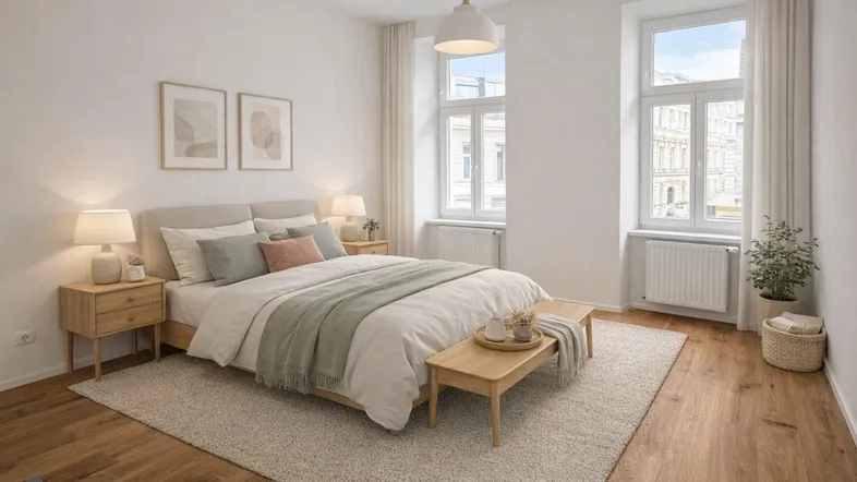 Helles Schlafzimmer mit Holzboden, großem Bett und zwei hohen Fenstern zur Straße.