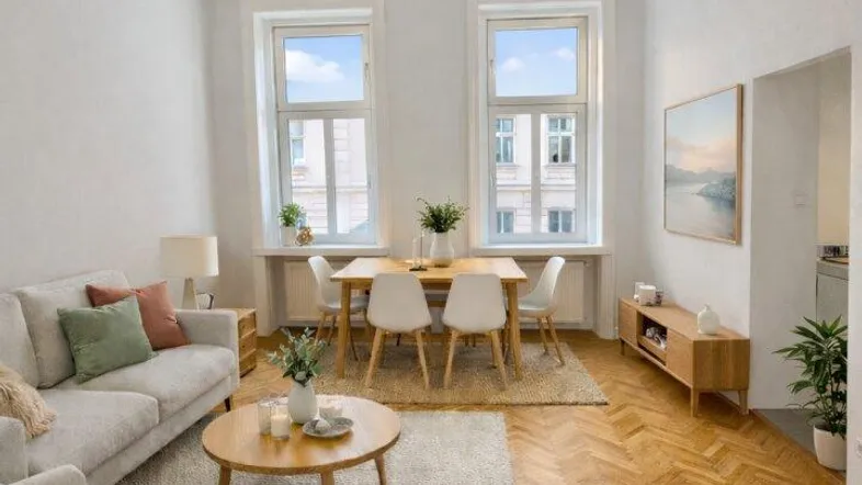 Helles Wohn- und Esszimmer mit Fischgrätparkett, modernen Möbeln und großen Fenstern.