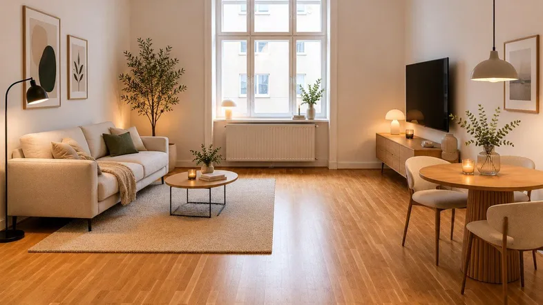 Helles, modern eingerichtetes Wohn-Esszimmer mit Parkettboden, beiger Couch und Esstisch am Fenster.