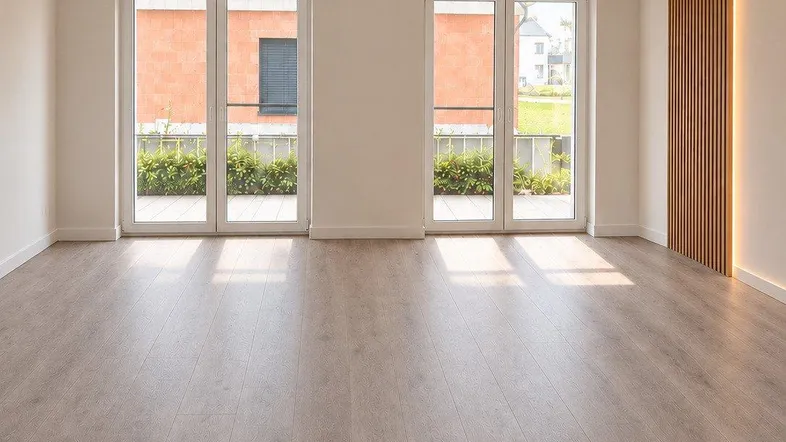 Helles, leeres Zimmer mit großen Fenstern, Holzakzentwand und modernem Laminatboden.