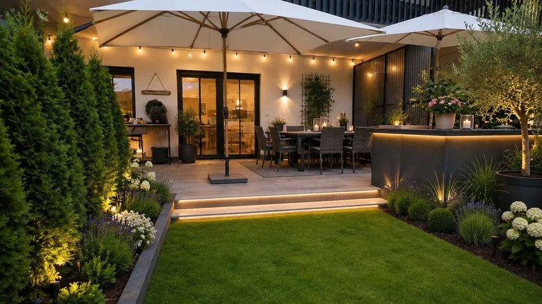 Großzügige Terrasse mit Essbereich, Sonnenschirmen und stimmungsvoller Beleuchtung im Garten.