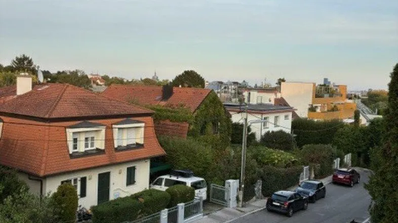 Blick über eine ruhige Wohngegend mit Häusern, Gärten und parkenden Autos.
