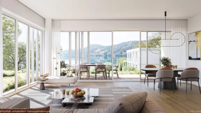 Heller Wohn- und Essbereich mit großen Fensterfronten, Seeblick und Zugang zur Terrasse.