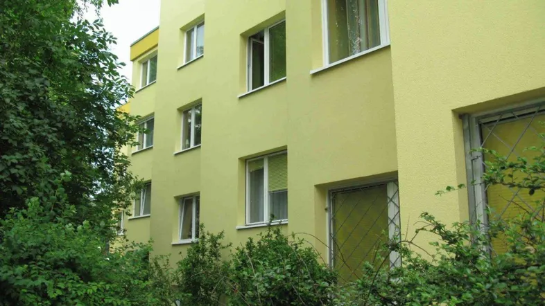 Fassade eines Mehrfamilienhauses mit gelb-grünem Anstrich und umgebender Vegetation.