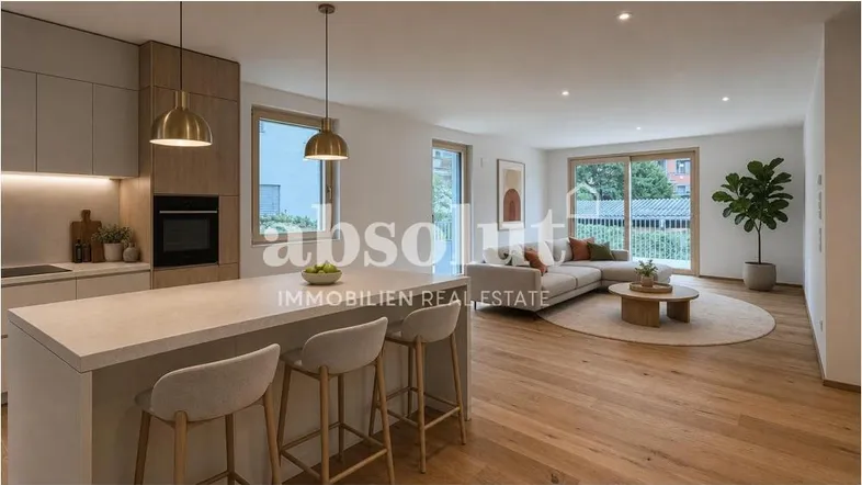 Moderne offene Wohnküche mit Kochinsel, Holzboden und Zugang zur Terrasse.