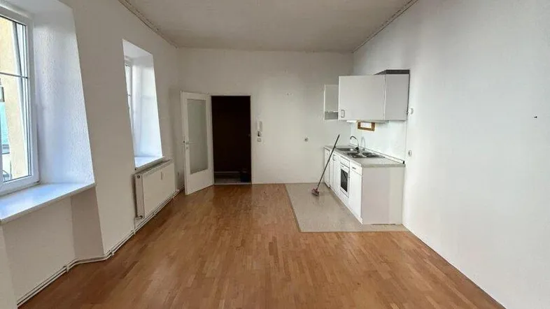 Helles Wohnzimmer mit Holzboden und integrierter Küchenzeile, ideal für offenes Wohnen.