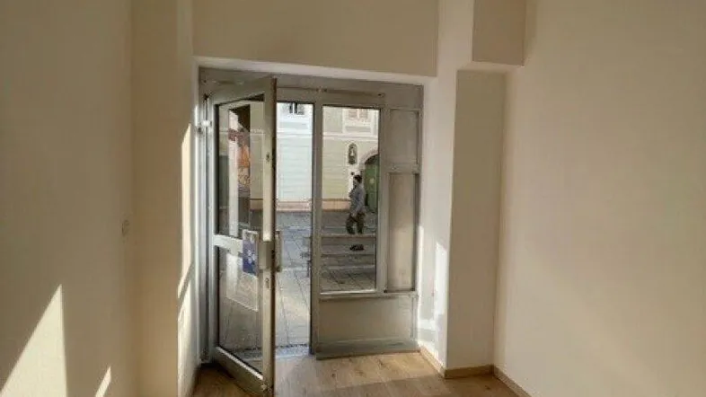 Heller Innenraum mit Holzboden und großer Glastür, die viel Tageslicht hereinlässt.