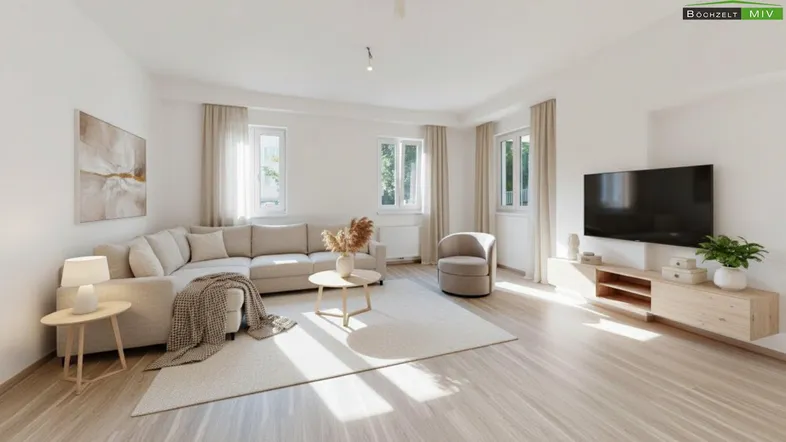 Helles, modern eingerichtetes Wohnzimmer mit Ecksofa, Holzboden und viel Tageslicht durch mehrere Fenster.