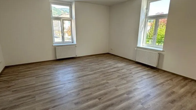 Heller, leerer Raum mit Laminatboden und zwei Fenstern, die einen Blick auf die Umgebung bieten.