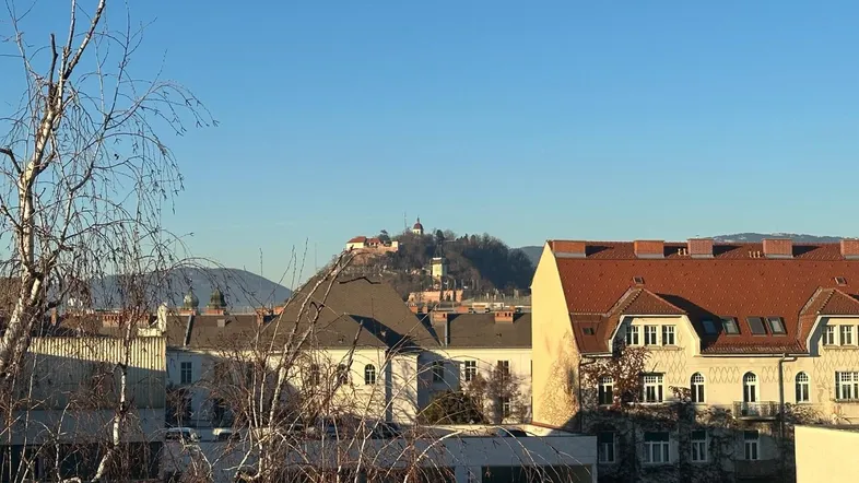 Panoramablick über die Stadt mit historischen Gebäuden und einer Burg auf dem Hügel unter blauem Himmel.