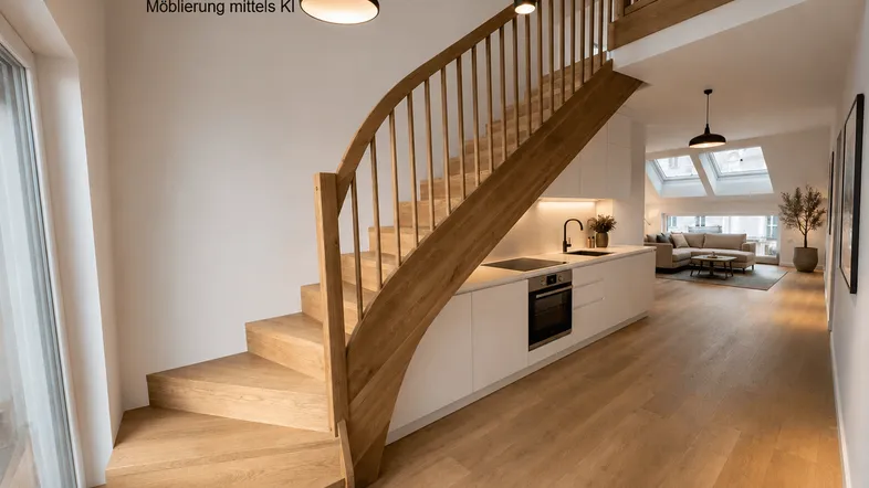 Heller, offener Wohnbereich mit moderner Küche, Holztreppe und viel Tageslicht durch große Fenster und Dachfenster.