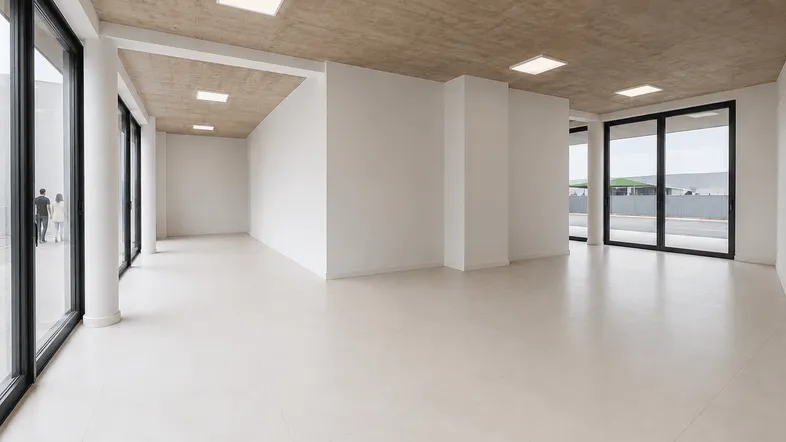 Geräumiger, leerer Innenraum mit hohen Decken, großen Fenstern und Fliesenboden, ideal für Gewerbe.