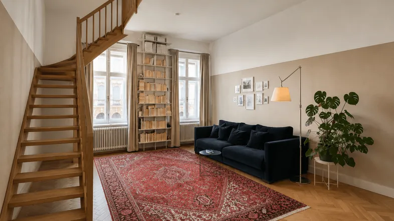 Helles Wohnzimmer mit Holztreppe, Fischgrätparkett und einem großen roten Teppich.