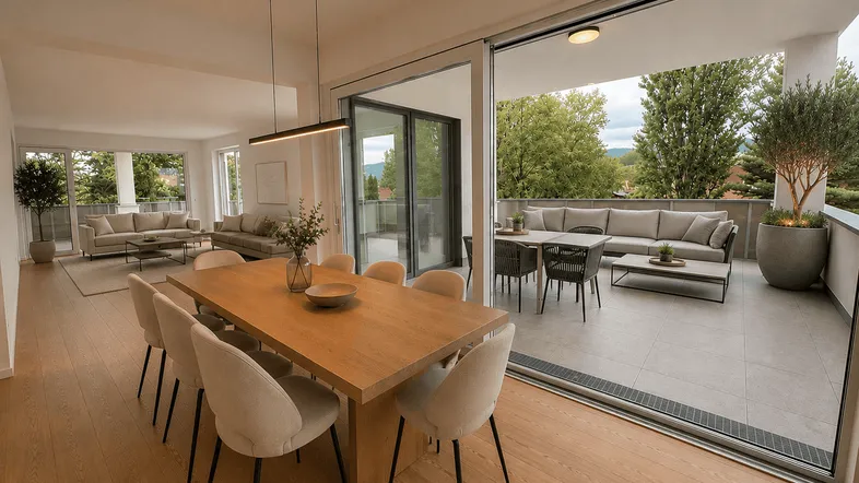 Heller, offener Wohn- und Essbereich mit Holzboden und Zugang zu einer großen Terrasse.