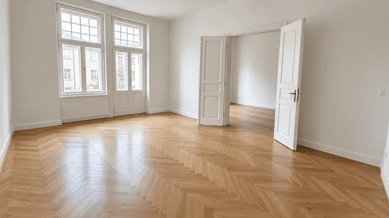 Helles Wohnzimmer mit Fischgrätparkett, hohen Decken und großen Fenstern, das viel Tageslicht hereinlässt.