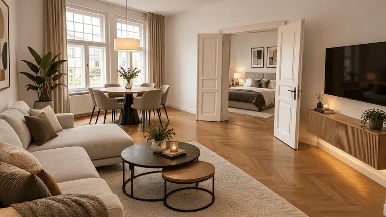 Heller, modern eingerichteter Wohn- und Essbereich mit Parkettboden und Zugang zum Schlafzimmer.