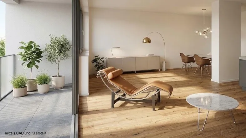 Helles Wohnzimmer mit Holzboden, moderner Einrichtung und Zugang zu einem sonnigen Balkon.