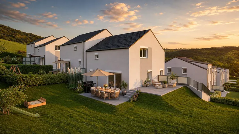 Rückansicht moderner Häuser bei Sonnenuntergang, mit großen Terrassen, Gärten und Spielgeräten.