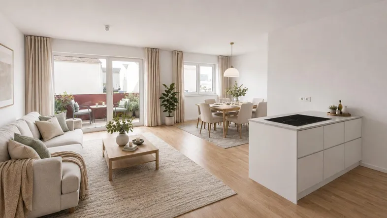 Helles, offenes Wohn- und Esszimmer mit integrierter Küchenzeile und Zugang zu einem Balkon.