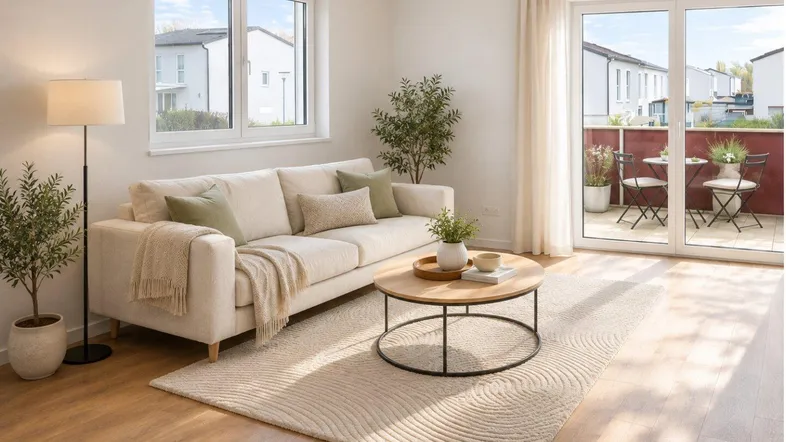 Helles Wohnzimmer mit beigem Sofa, Holzboden und Zugang zu einem kleinen Balkon.