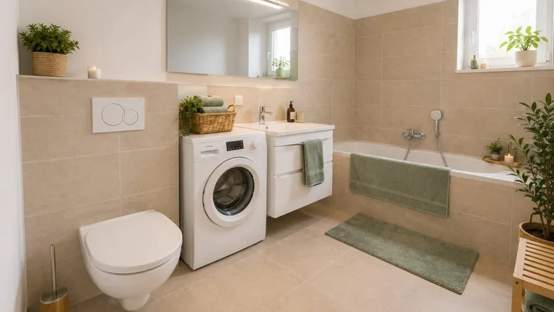 Modernes Badezimmer mit beigen Fliesen, Badewanne, Toilette und integrierter Waschmaschine.