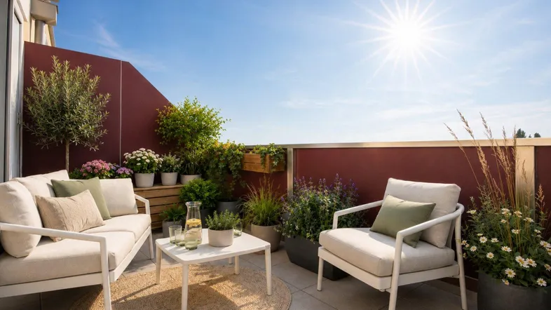 Sonnige Dachterrasse mit bequemen Gartenmöbeln, vielen Pflanzen und einer roten Akzentwand.