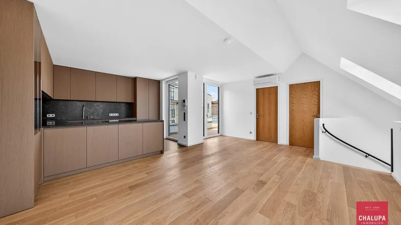 Heller offener Wohnbereich mit moderner Küche, Holzboden und Zugang zur Dachterrasse.