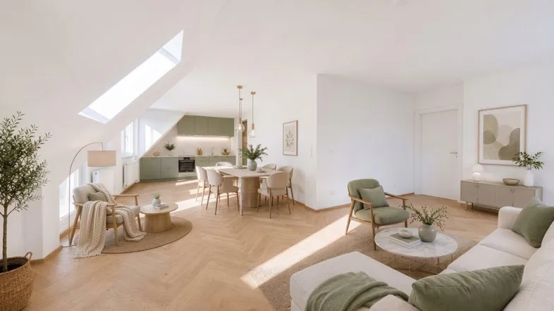 Helles, offenes Wohn-Esszimmer mit integrierter Küche, Dachschrägen und modernem Fischgrätparkett.