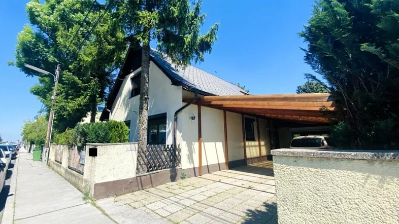 Einfamilienhaus mit Carport und gepflasterter Einfahrt unter blauem Himmel.