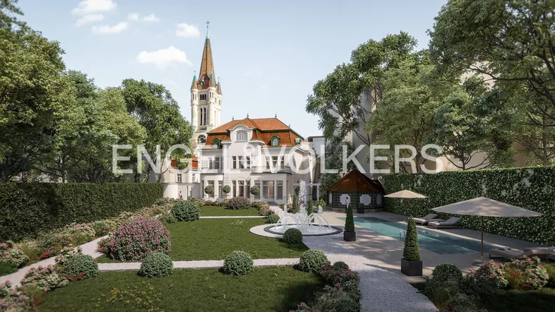 Eine beeindruckende Villa mit weitläufigem Garten, Poolbereich und einer eleganten Fassade, umgeben von altem Baumbestand.