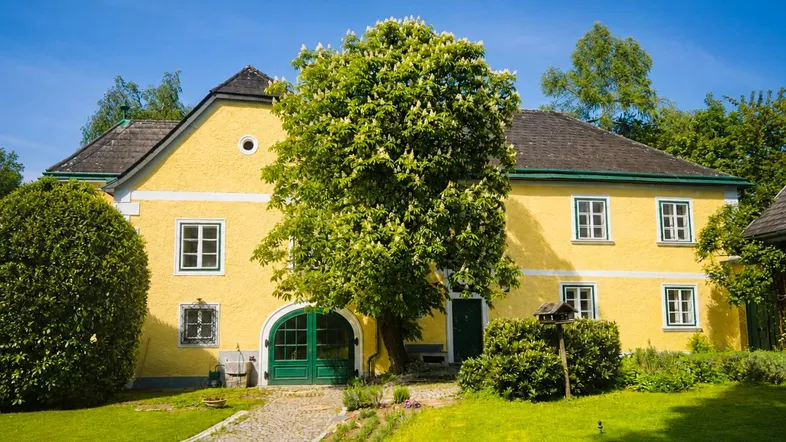 Historisches Gebäude mit gelber Fassade, grünen Fensterläden und großem Baum im Vorgarten.