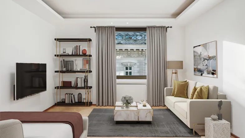 Virtuell inszeniertes Wohnzimmer mit Fischgrätparkett, modernem Mobiliar und Blick auf die Stadt.