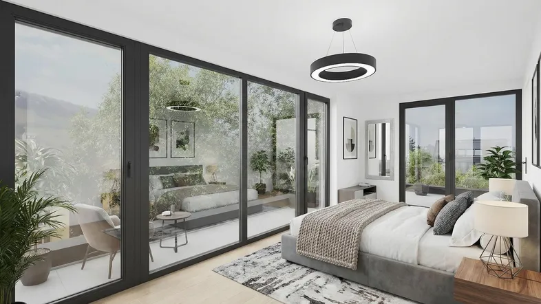 Modernes Schlafzimmer mit großen Glasfronten, Holzboden und Zugang zu einer Terrasse.