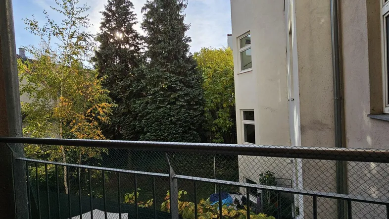 Blick vom Balkon auf grüne Bäume und ein angrenzendes Gebäude unter blauem Himmel.