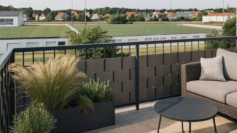 Möblierter Balkon mit Fliesenboden und Blick auf eine Grünfläche und Sportplatz.
