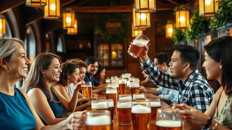 Fröhliche Gruppe genießt Bier an einem langen Holztisch in einem rustikalen Restaurant mit warmem Licht.