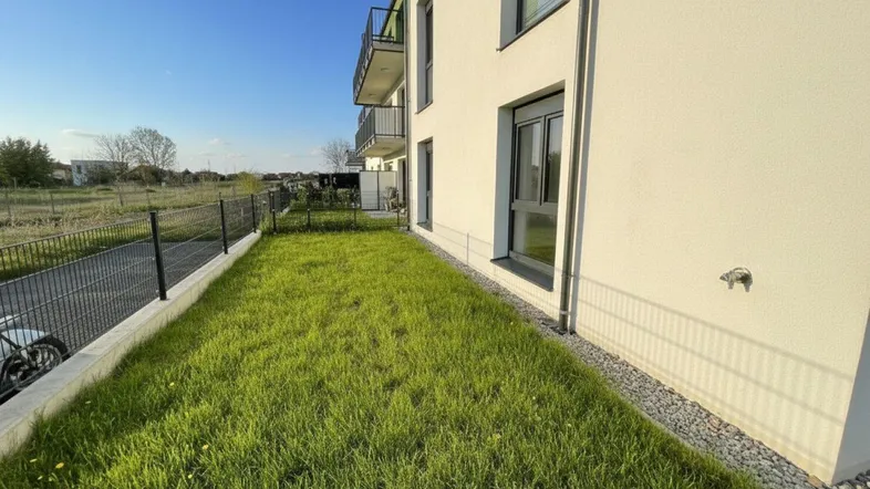 Grüner Rasenbereich neben dem Neubau, umzäunt und sonnig gelegen.
