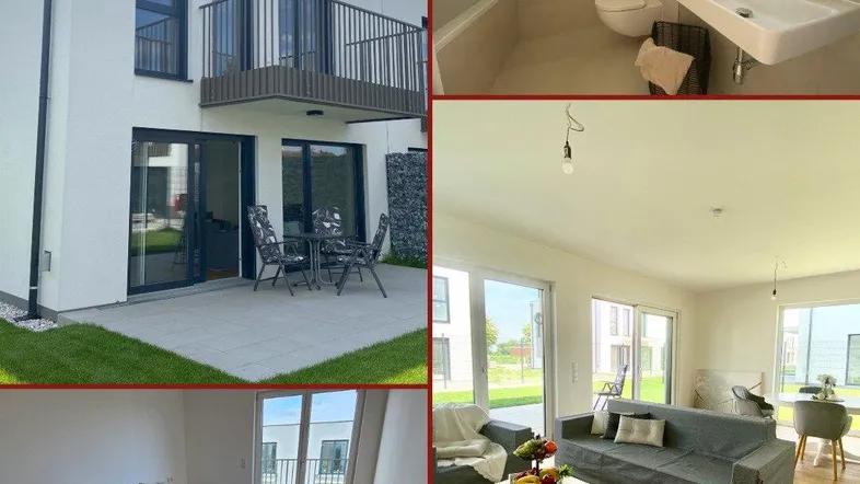 Collage mit Außenansicht des Hauses, Terrasse, Bad, Schlafzimmer und Wohnbereich.
