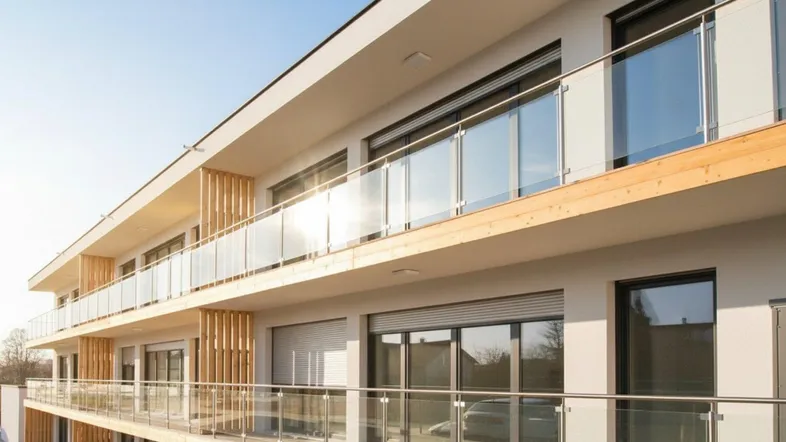 Moderne Wohnanlage mit hellen Fassaden, großen Fenstern und Glasbalkonen unter blauem Himmel.