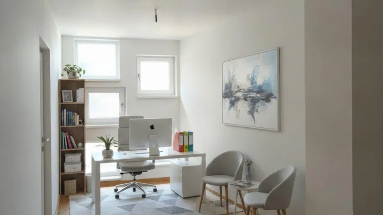 Helles Büro mit Holzboden, mehreren Fenstern und moderner Einrichtung, ideal für konzentriertes Arbeiten.