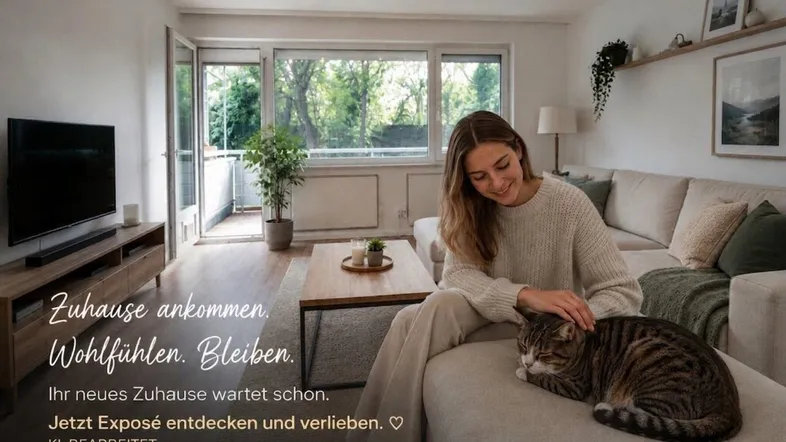 Helles Wohnzimmer mit gemütlichem Sofa, Holzboden und Zugang zu einem Balkon mit grüner Aussicht.